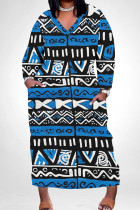 Blue Casual Print Pocket Patchwork V Neck Long Plus Size Dresses