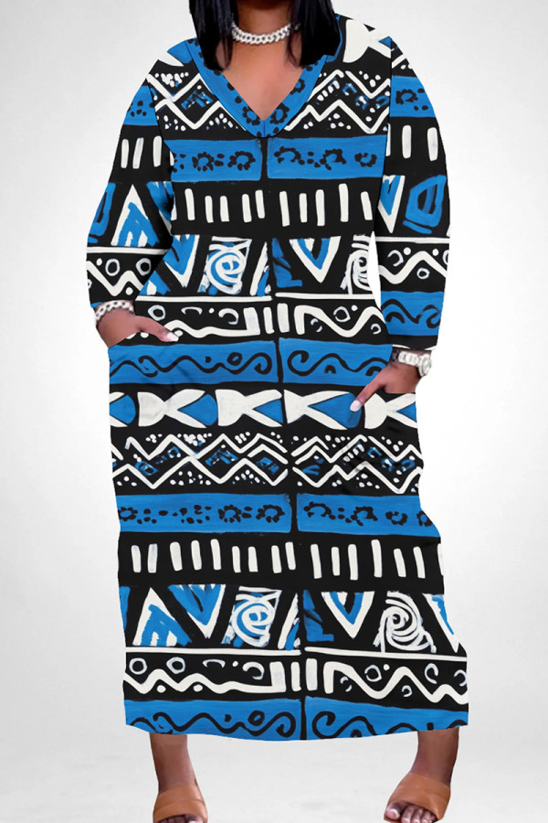 Blue Casual Print Pocket Patchwork V Neck Long Plus Size Dresses