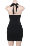 Black Sexy Solid Color Patchwork Backless Strap Design Hot Drill Halter Wrapped Skirt Dresses