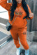 Orange Casual Print Draw String Pocket Patchwork Hooded Long Sleeve Two Pieces