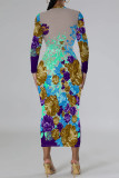 Purple Casual Street Floral Print Contrast O Neck Printed Dresses