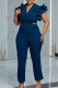 Peacock Blue Casual Solid Color Patchwork Ruffled Trim Turn-back Collar Regular Jumpsuits