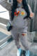 Grey Casual Print Draw String Pocket Patchwork Hooded Long Sleeve Two Pieces