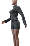Dark Gray Casual Solid Color Patchwork With Belt Zipper Zipper Collar Long Sleeve Two Pieces