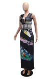 Grey Sexy Casual Print Lace Patchwork Belted Deep V Neck Long Dresses