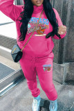 Orange Casual Print Draw String Pocket Patchwork Hooded Long Sleeve Two Pieces