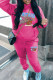 Rose Red Casual Print Draw String Pocket Patchwork Hooded Long Sleeve Two Pieces