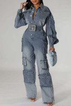Blue Casual Solid Color Pocket Buckle Patchwork With Belt Turndown Collar Long Sleeve Regular Denim Jumpsuits