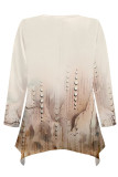 Beige Casual Daily Floral Print Gradient Irregular Contrast O Neck Tops