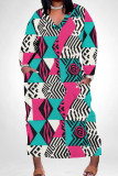 Black Green Casual Print Pocket Patchwork V Neck Long Plus Size Dresses