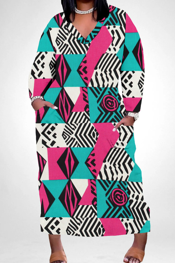 White Blue Casual Print Pocket Patchwork V Neck Long Plus Size Dresses