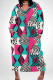 White Blue Casual Print Pocket Patchwork V Neck Long Plus Size Dresses