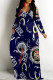 Navy Blue Casual Street Graffiti Print Letters Pocket Contrast V Neck Printed Dresses