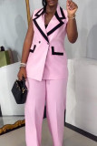 Pink Casual Solid Color Buttons Patchwork Contrast Turndown Collar Two Pieces