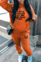 Orange Casual Letters Draw String Pocket Patchwork Hooded Long Sleeve Two Pieces