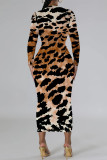 Orange Casual Street Flowers Snakeskin Print Gradient Leopard Contrast O Neck Printed Dresses