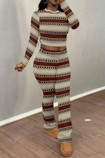 Stripe Casual Street Plaid Stripe Gradient O Neck Long Sleeve Two Pieces