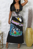 Grey Sexy Casual Print Lace Patchwork Belted Deep V Neck Long Dresses