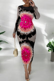 Purple Casual Street Floral Print Contrast O Neck Printed Dresses