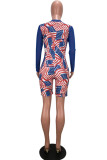 Blue Casual Print Patchwork Belted Deep V Neck Skinny Rompers