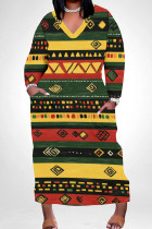 Green Yellow Casual Print Pocket Patchwork V Neck Long Plus Size Dresses