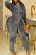 Grey Casual Solid Color Draw String Pocket Patchwork Zipper Zipper Collar Long Sleeve Two Pieces