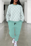 Pink Casual Street Plaid Ombre Print Pocket Lace Up Contrast O Neck Long Sleeve Two Pieces