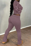 Burgundy Casual Street Plaid Stripe Gradient O Neck Long Sleeve Two Pieces