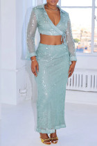 Green Sexy Party Patchwork Sequins Belted V Neck Long Sleeve Two Pieces