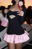 Black Sexy Solid Color Hollow Out Patchwork Asymmetrical Collar A Line Dresses