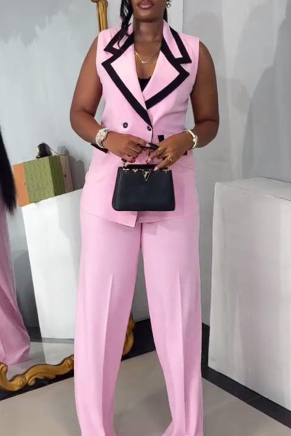 Pink Casual Solid Color Buttons Patchwork Contrast Turndown Collar Two Pieces