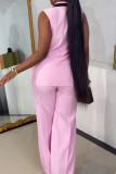 Pink Casual Solid Color Buttons Patchwork Contrast Turndown Collar Two Pieces