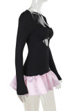 Black Sexy Solid Color Hollow Out Patchwork Asymmetrical Collar A Line Dresses