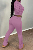 Burgundy Casual Street Plaid Stripe Gradient O Neck Long Sleeve Two Pieces