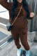 Brown Casual Letters Draw String Pocket Patchwork Hooded Long Sleeve Two Pieces