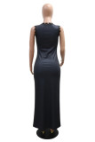 Grey Sexy Casual Print Lace Patchwork Belted Deep V Neck Long Dresses
