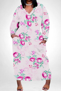 Peach Casual Daily Floral Print Pocket Contrast V Neck Printed Plus Size Dresses