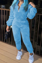 Sky Blue Casual Solid Color Patchwork Zipper Zipper Collar Long Sleeve Two Pieces