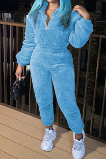 Sky Blue Casual Solid Color Patchwork Zipper Zipper Collar Long Sleeve Two Pieces