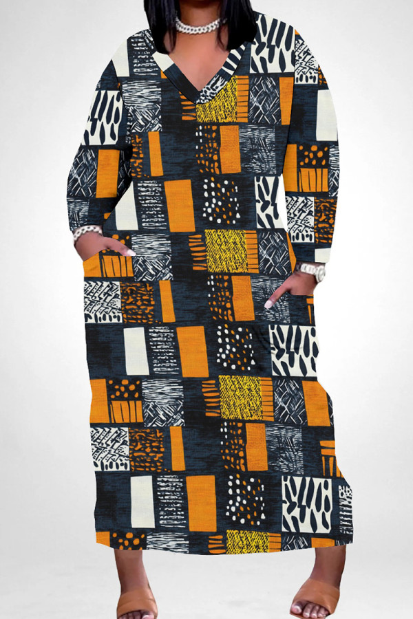 White Orange Casual Print Pocket Patchwork V Neck Long Plus Size Dresses
