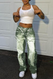 Green Casual Print Buttons Patchwork Loose Mid Waist Straight Full Print Bottoms