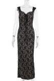 Black Elegant Solid Color Lace Patchwork Backless Asymmetrical Collar Long Dresses