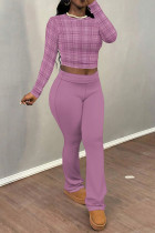 Deep Pink Casual Street Plaid Stripe Gradient O Neck Long Sleeve Two Pieces