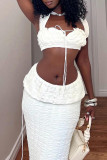 White Elegant Solid Color Patchwork Backless Strap Design Asymmetrical Collar Two Pieces