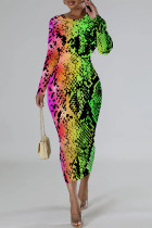 Snake Print Casual Street Flowers Snakeskin Print Gradient Leopard Contrast O Neck Printed Dresses