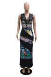 Grey Sexy Casual Print Lace Patchwork Belted Deep V Neck Long Dresses