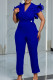 Royal Blue Casual Solid Color Patchwork Ruffled Trim Turn-back Collar Regular Jumpsuits