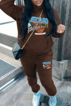 Brown Casual Print Draw String Pocket Patchwork Hooded Long Sleeve Two Pieces