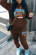 Brown Casual Print Draw String Pocket Patchwork Hooded Long Sleeve Two Pieces