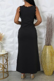Grey Sexy Casual Print Lace Patchwork Belted Deep V Neck Long Dresses